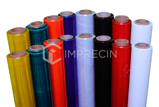 muchos rollos de film plastico stretch de distintos colores