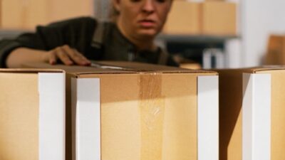 Mujer ordenando cajas de cartón protegidas con esquineros color blanco en bodega